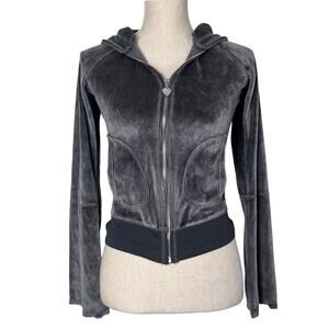 Twisted Heart Velour Zip Hoodie Small Black Rhinestone Heart Charm Y2K Glam